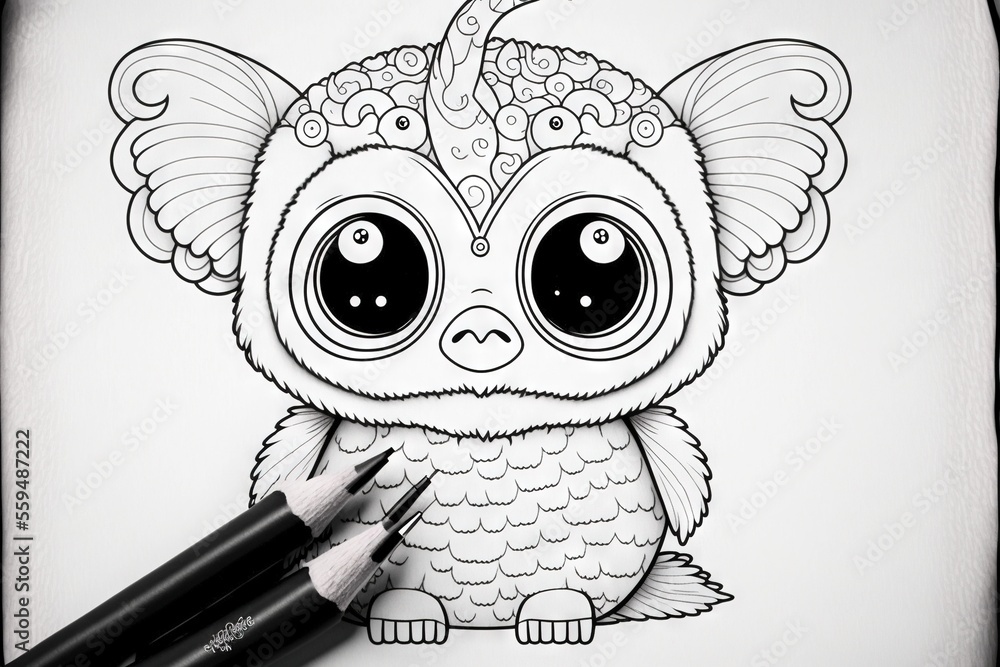 Poster a drawing of a little owl with big eyes and a feather on its head with a feather on its head and a f