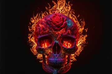 Scary love, Human skull and roses with fire flames Illustration for Valentine's Day or halloween, Generative AI.