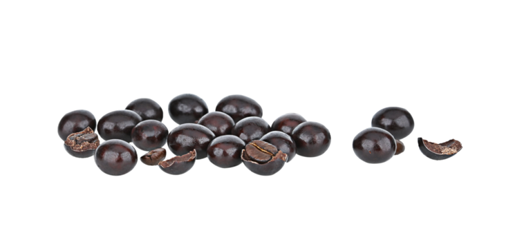 Dark chocolate covered coffee beans on transparent png