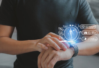 Concept of The technology to check health with smart watch. Futuristic smart watch technology male...