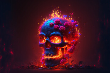 Scary love, Human skull and roses with fire flames Illustration for Valentine's Day or halloween, Generative AI.