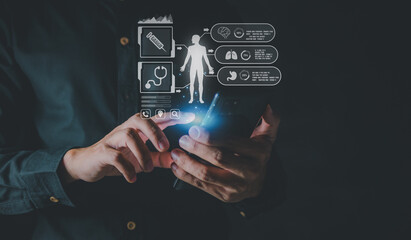 Health Check with digital system support for patient with medical icon, Medical network technology concept.Online medical communication with patient on virtual interface.