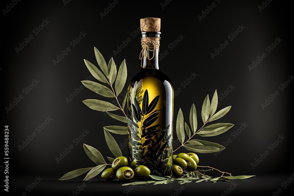 Poster a bottle of olive oil with olives and leaves around it on a black background with a black background