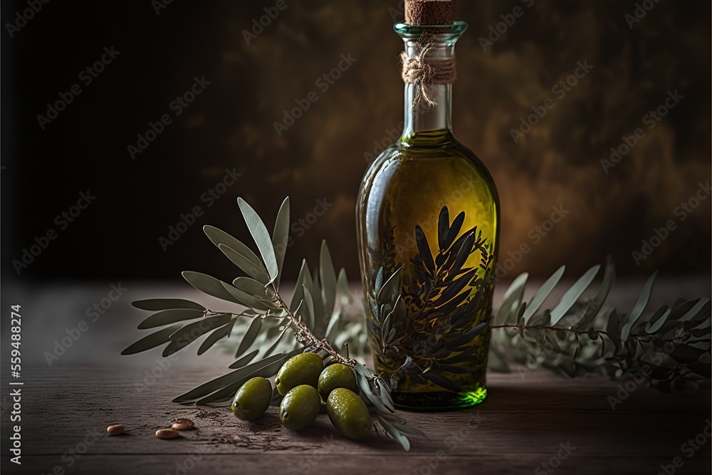 Poster a bottle of olive oil with a sprig of olives next to it on a table with a dark background and a few 