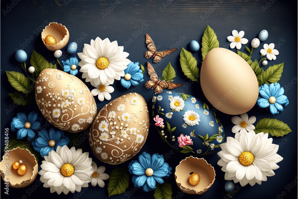 Poster a painting of some flowers and eggs on a table with a butterfly on it and a butterfly on the top of 
