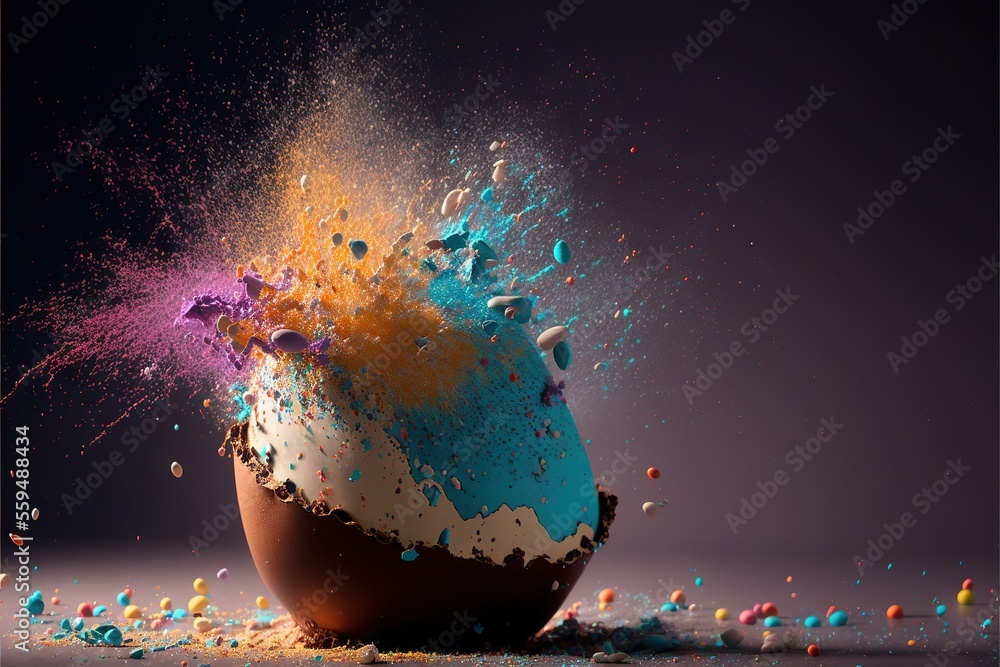 Aufkleber a colorful powdered egg is on a table with a black background and a purple background with a blue an