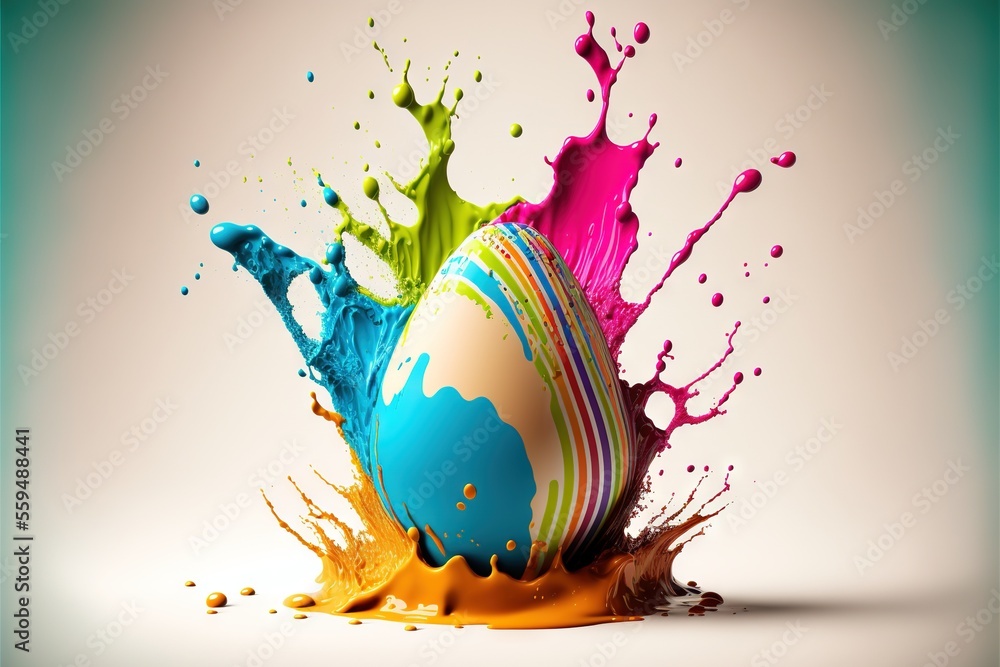 Poster a colorful egg with paint splashing out of it's shell on a white background with a blue and green bo