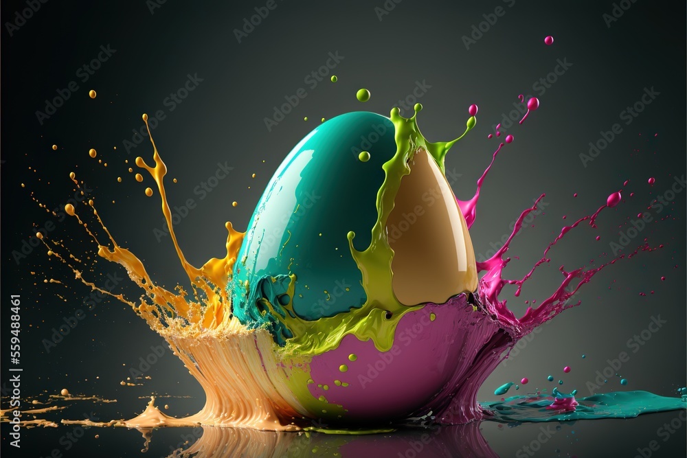 Poster a colorful egg is splashing into a puddle of water on a black background with a reflection of the eg