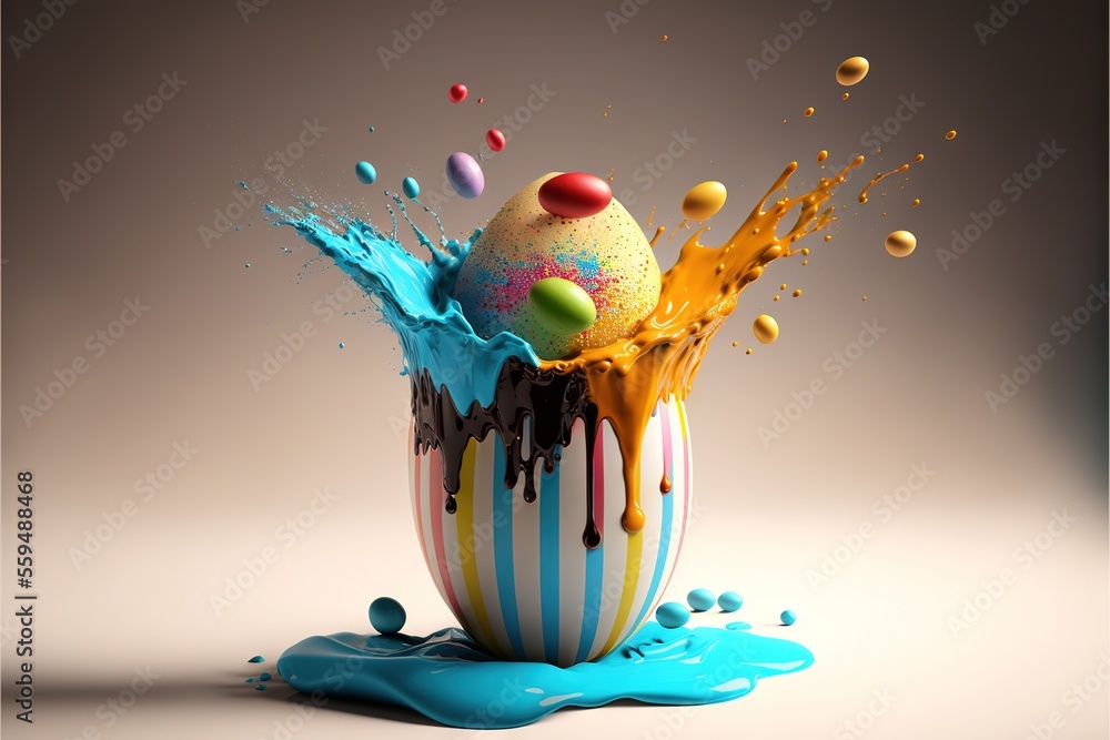 Poster a colorful ice cream with a splash of blue and yellow liquid on it's side and a striped cup with a s