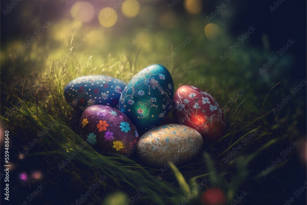 Aufkleber a group of painted eggs sitting in the grass on a sunny day with boke of light shining on them and a