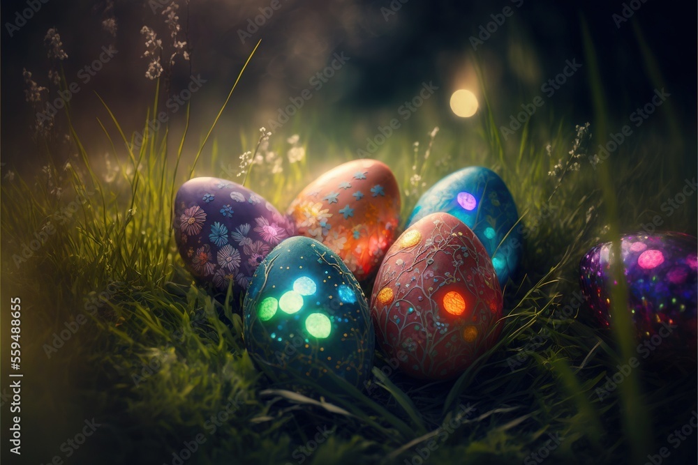 Poster a group of colorful eggs sitting in the grass with lights on them and grass around them, with a boke