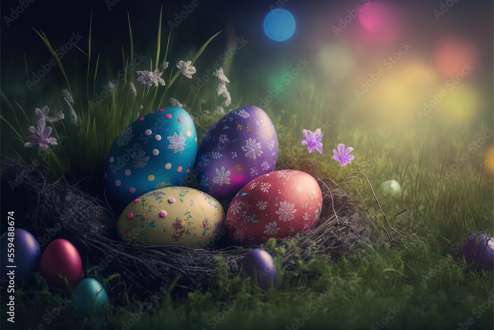 Poster a bunch of eggs that are in the grass with flowers in the background and a butterfly flying over the