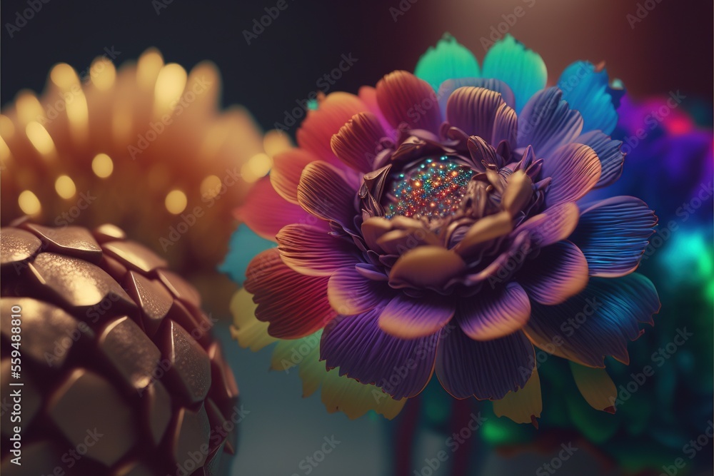 Poster a close up of a flower on a table with other flowers in the background and a pineapple on the side o