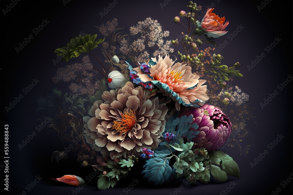 Poster  a painting of flowers and butterflies on a black background with a dark background and a dark background with a black background and a dark background with a dark background with a few flowers and a.