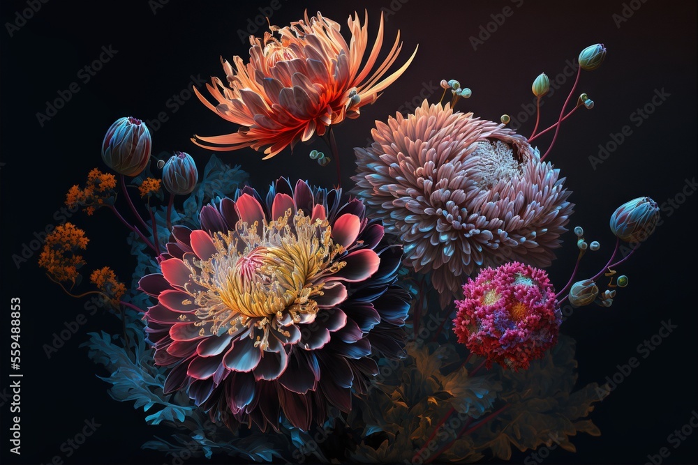 Poster a bunch of flowers that are on a table together in a vase with water droplets on it and a black back