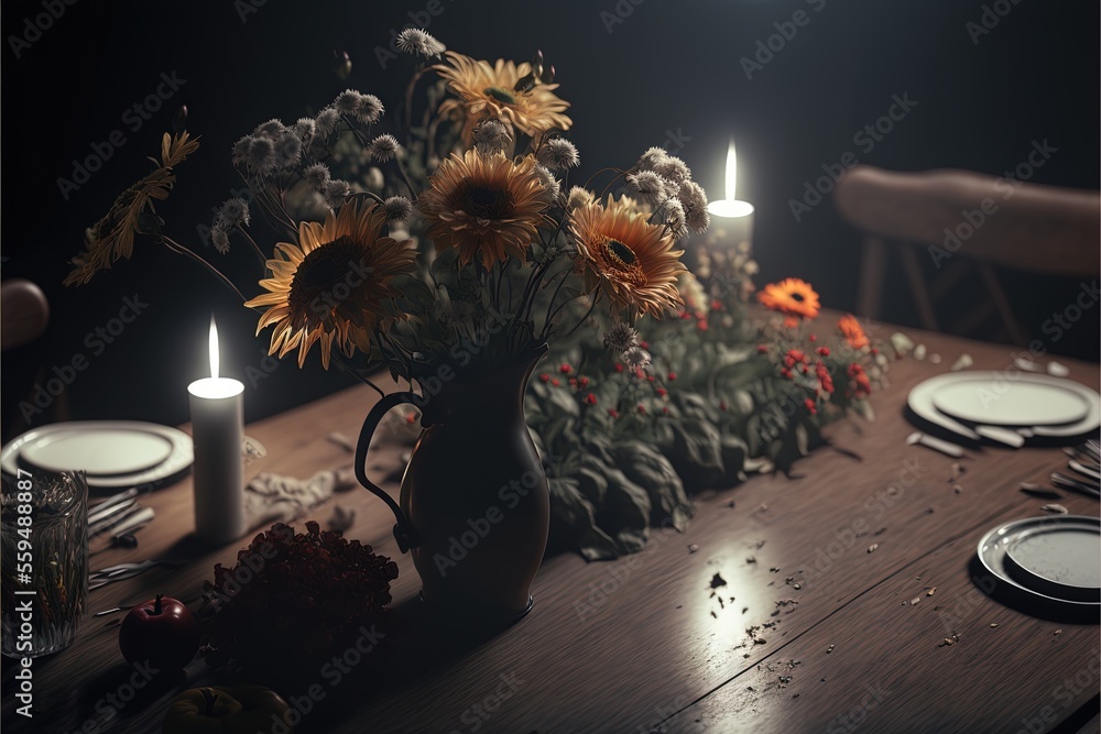 Poster a table with a vase of flowers and candles on it with plates and a candle holder on it with flowers 
