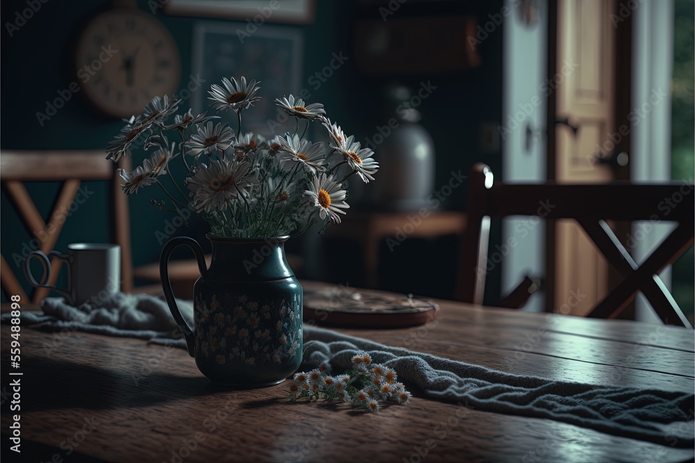Poster a vase of daisies on a table with a table runner and a clock in the background with a table cloth on