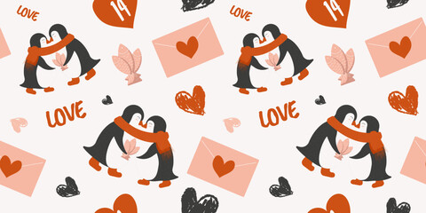 Cute penguins, love hearts seamless pattern on Valentine's Day for gift, wrapping paper, card. Typography art, love letter, 14 February