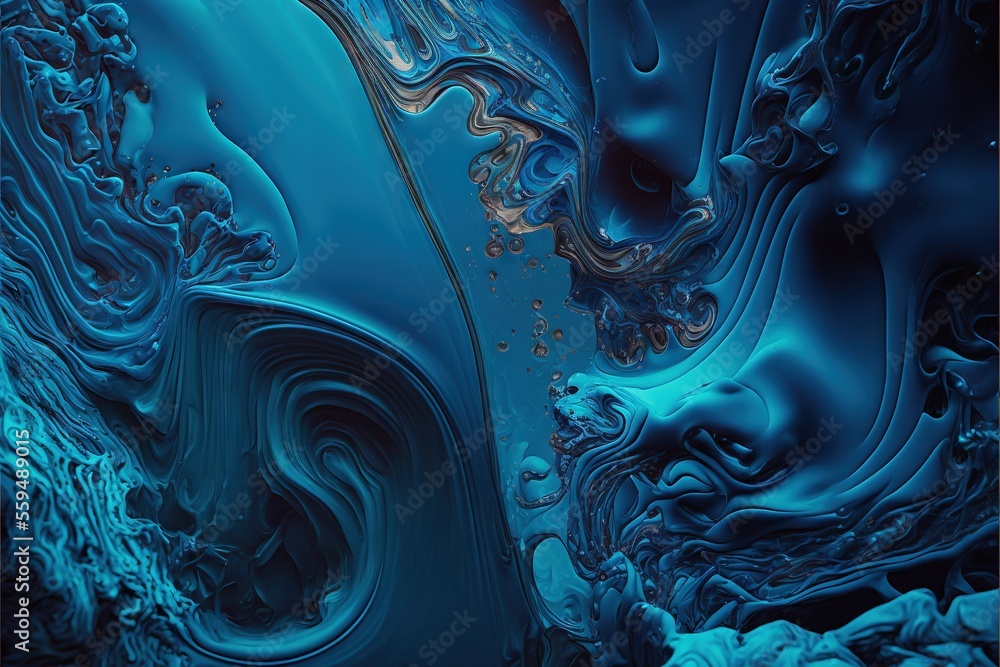 Poster a blue abstract painting with a wavy design on it's surface, with a black background and a white bor