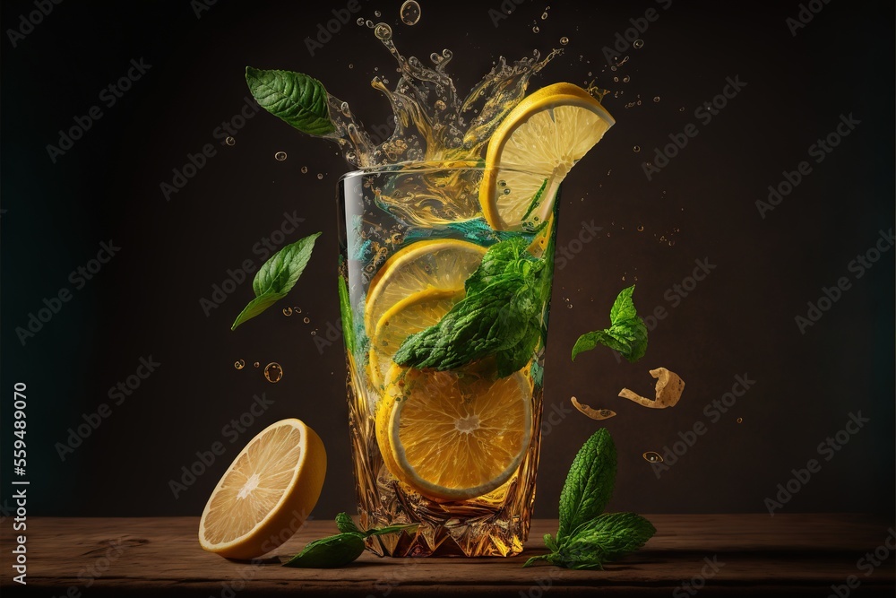 Aufkleber a glass of water with lemons and mints on a table with a splash of water on it and a slice of lemon 