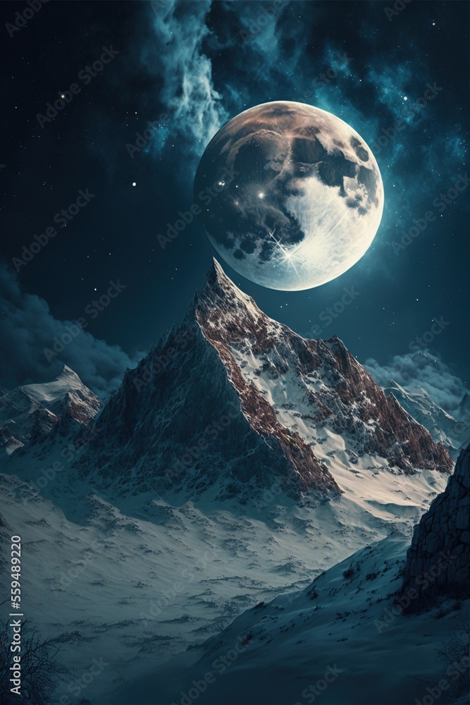 Poster a mountain with a full moon in the sky above it and a mountain range in the background with a few st
