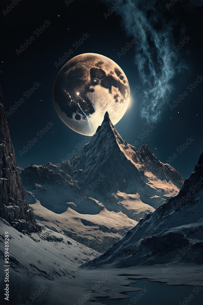 Poster a mountain with a moon in the sky and a mountain with a star in the sky and a mountain with a moon i
