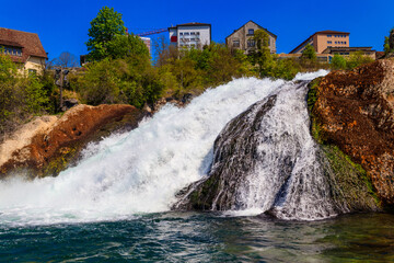 View of Rhine Falls in Schaffhausen canton, Switzerland. Most powerful waterfall in Europe