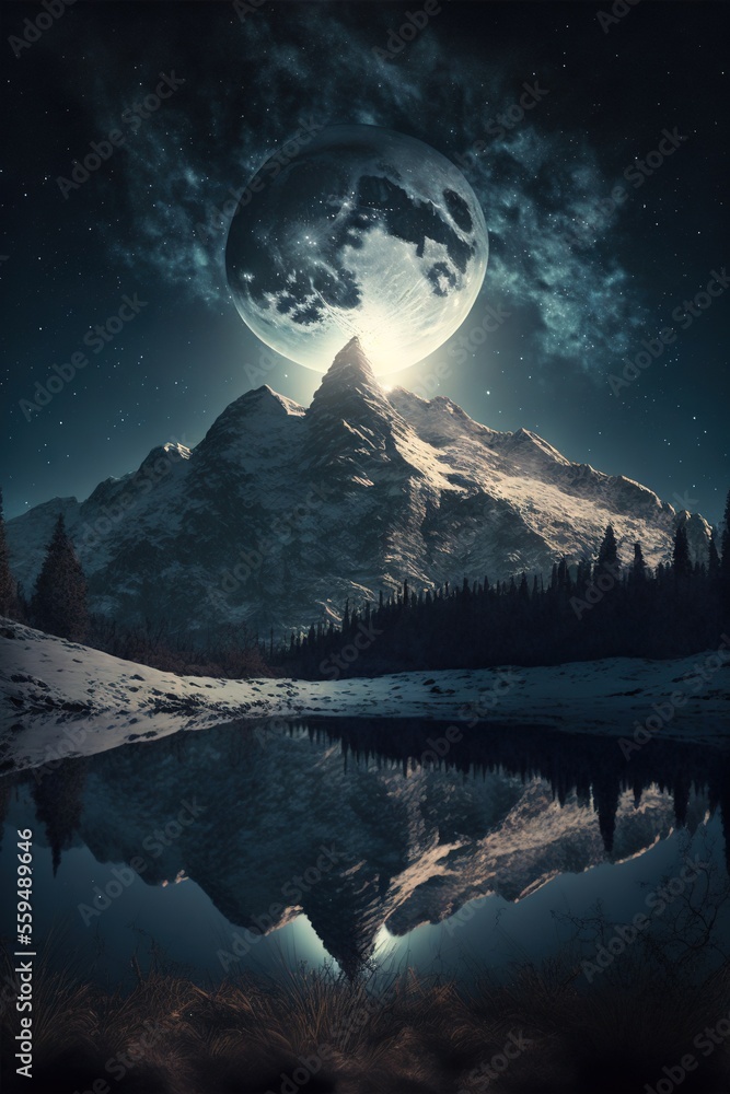 Poster a mountain with a lake and a full moon in the sky above it and a forest in the foreground with a lak