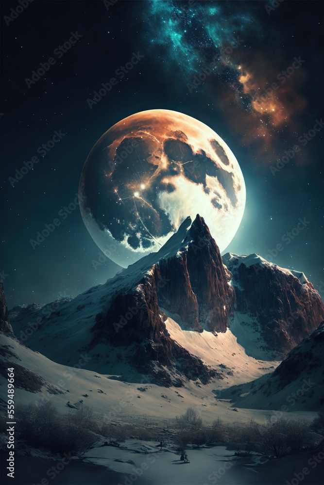 Poster a mountain with a full moon in the sky above it and a mountain range in the foreground with a snow c