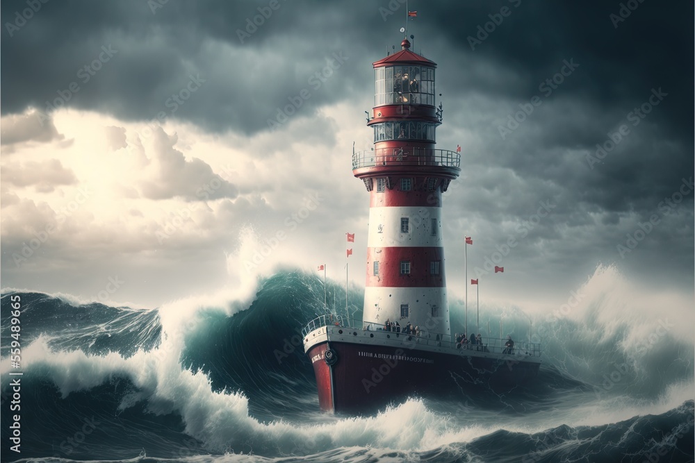 Poster a lighthouse in the middle of a large wave in the ocean with a sky background and clouds above it, w