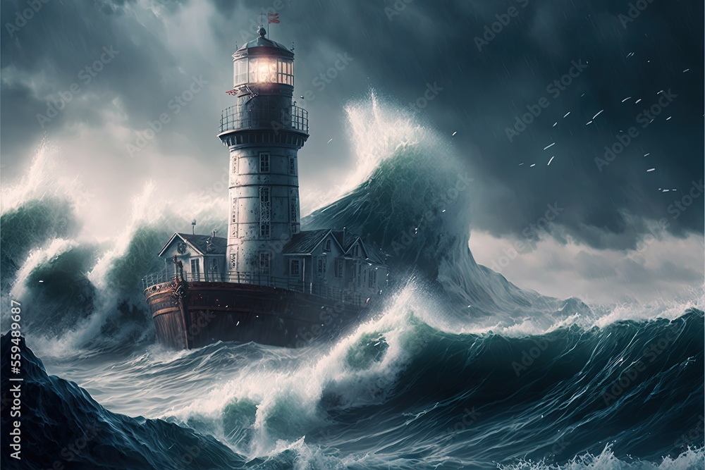Aufkleber a lighthouse in the middle of a large wave in the ocean with a lighthouse on top of it in the middle