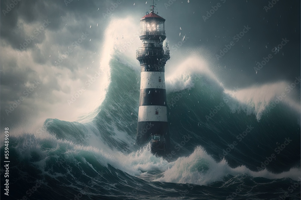 Aufkleber a lighthouse in the middle of a large wave in the ocean with a dark sky above it and a dark ocean be