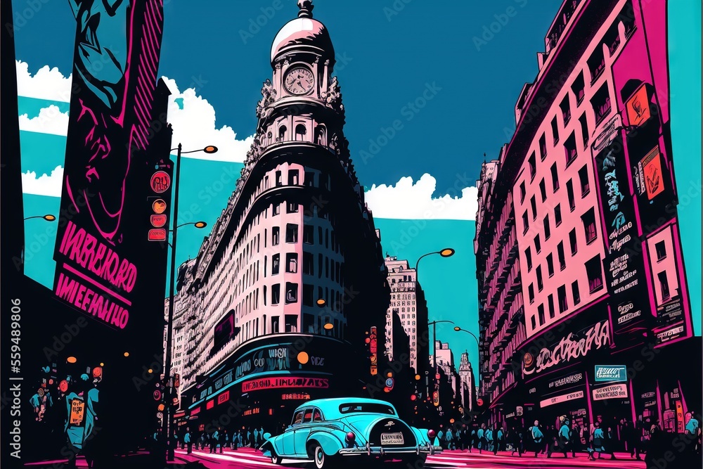 Aufkleber a car driving down a street next to tall buildings and a clock tower in the background with a sky ba