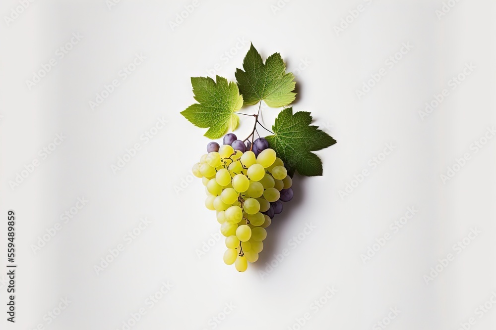 Poster a bunch of grapes with green leaves on a white background with a white background behind it and a wh