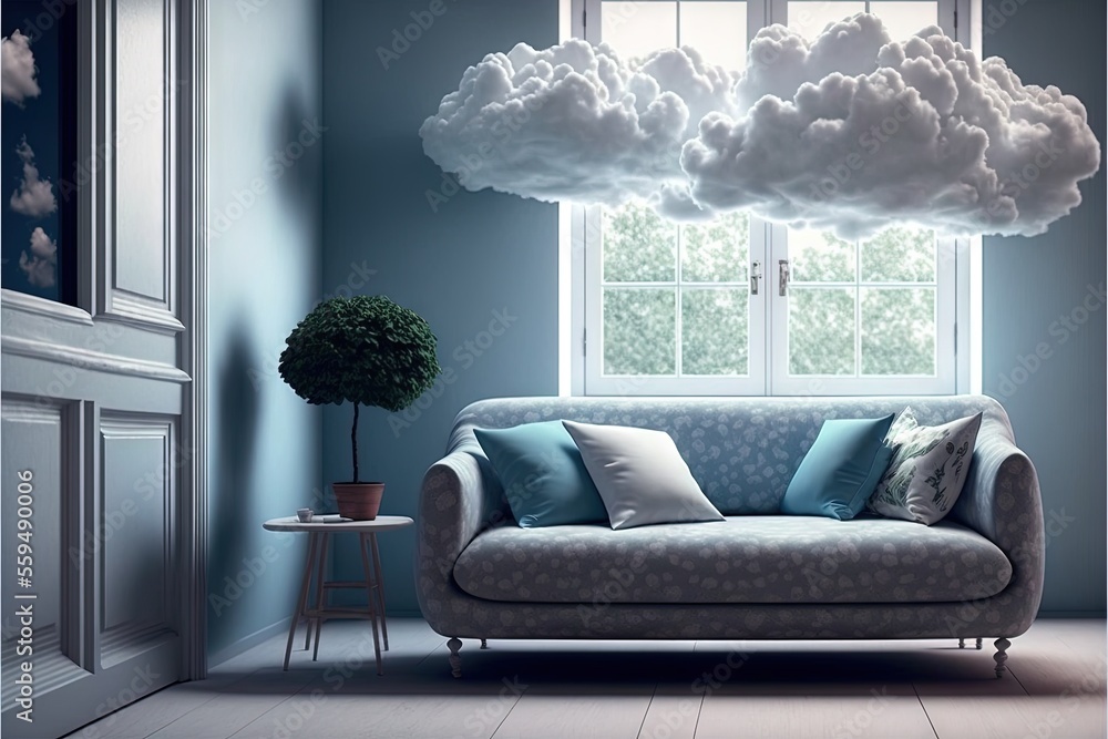Poster a couch with pillows and a cloud hanging from the ceiling above it in a room with a window and a tab
