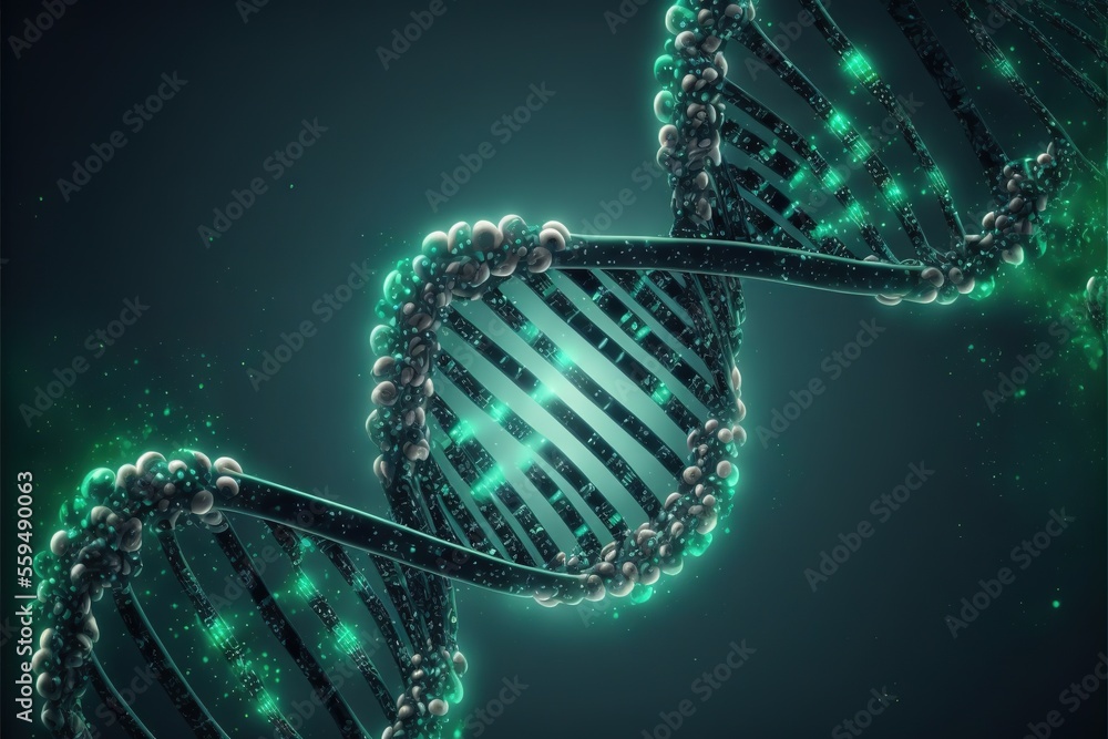 Poster a double strand of green and black strands with a green light shining on them and a black background