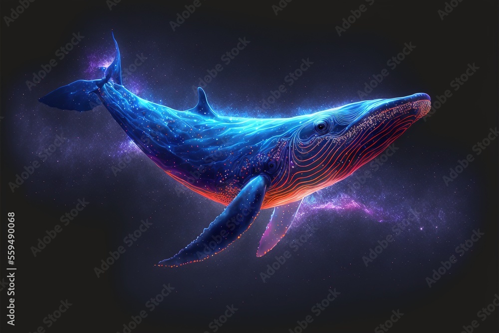 Poster a blue whale with a colorful tail and a black background with stars and a blue swirl around it's nec