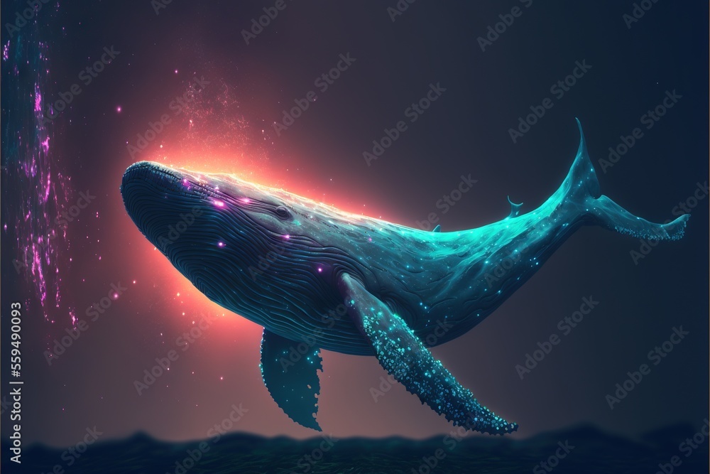 Poster a whale with a bright blue tail and a pink glow on its face is floating in the air with a purple bac