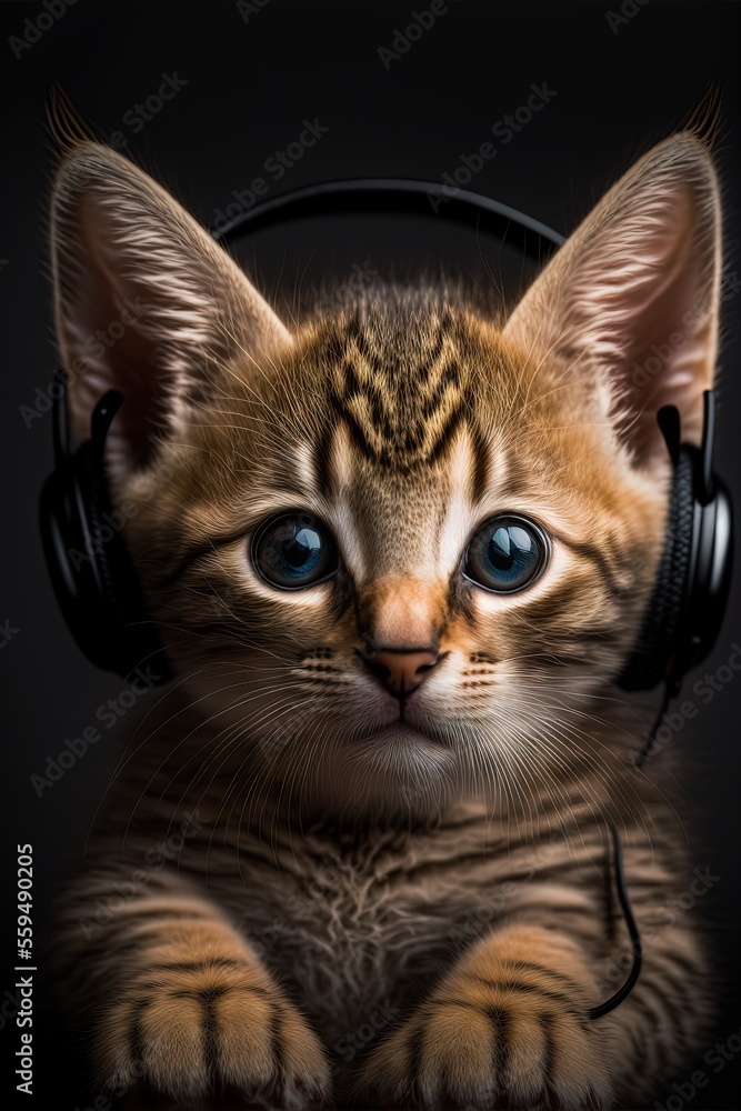 Aufkleber a kitten with headphones on its ears looking at the camera with a sad look on its face and eyes, wit