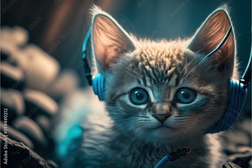 Poster a kitten with headphones on its ears looking at the camera with a sad look on its face and eyes, wit