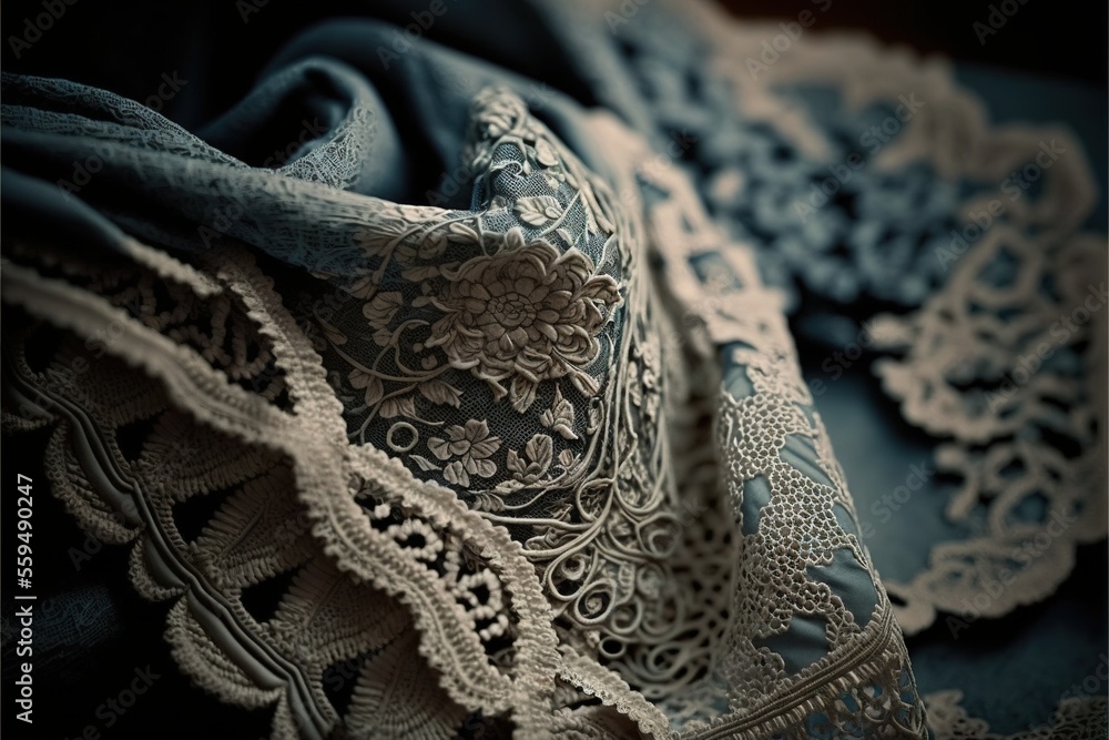 Poster a close up of a blue and white lace on a cloth with a black background and a black background with a