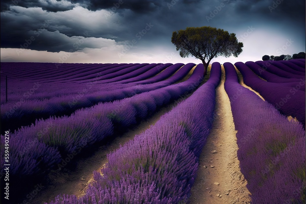 Poster a lone tree in a field of lavenders under a cloudy sky with a dark sky in the background and a lone 