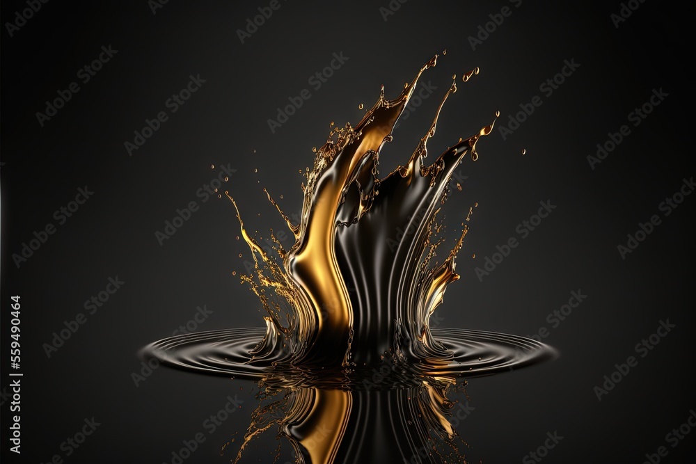 Poster a black and gold liquid splashing out of a black background with a black background and a black back