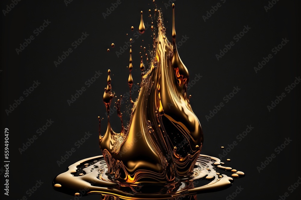 Poster a liquid splashing out of a puddle of liquid on a black background with a black background and a gol