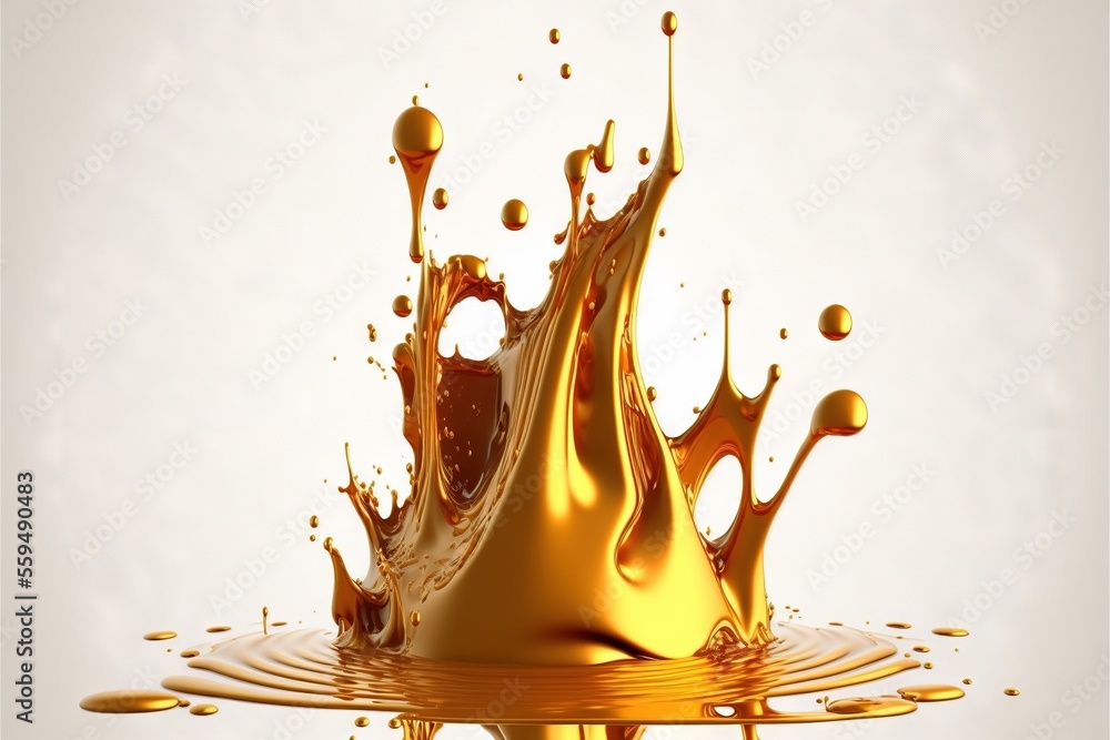 Poster a golden liquid splashing into the water on a white background with a white background behind it and