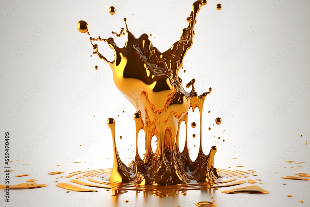 Poster a liquid splashing out of a white cup with gold paint on it and a white background with gold drops o