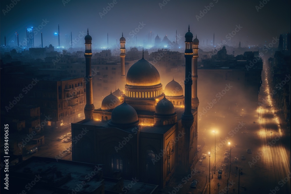 Poster a large building with a dome and two minalis on top of it at night time with fog in the air and buil