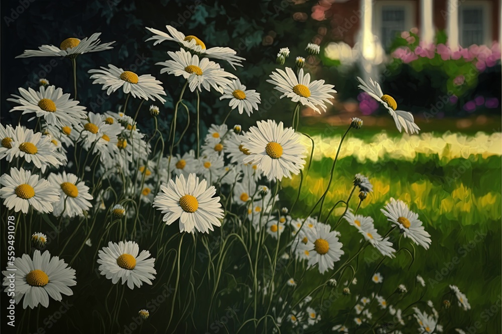 Aufkleber a painting of daisies and a bee in a field of grass with a house in the background in the background