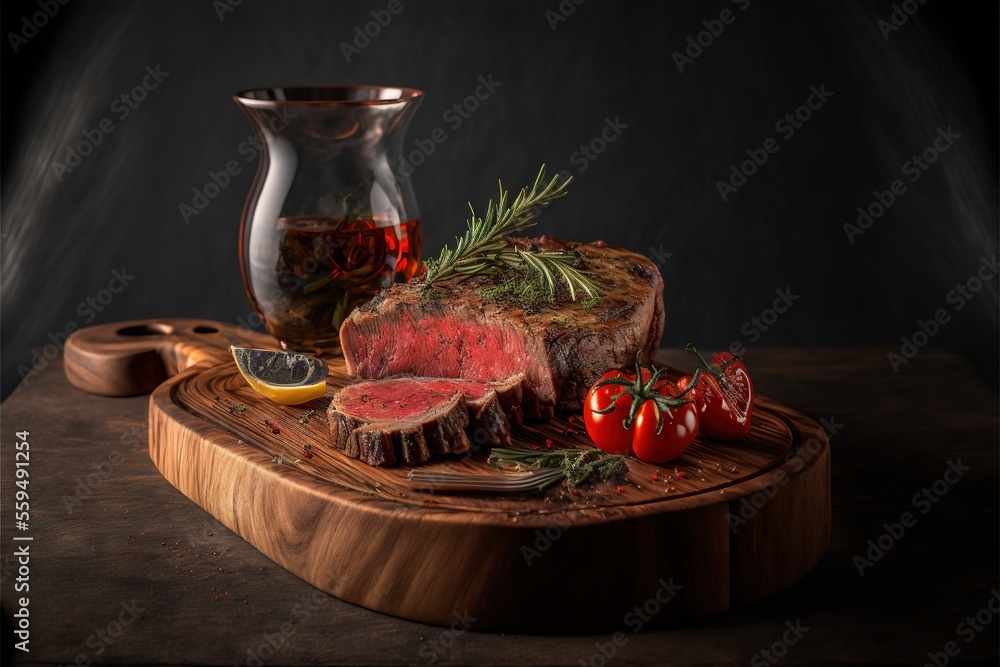 Poster a steak with a knife and some tomatoes on a cutting board with a glass of wine and a knife and fork 