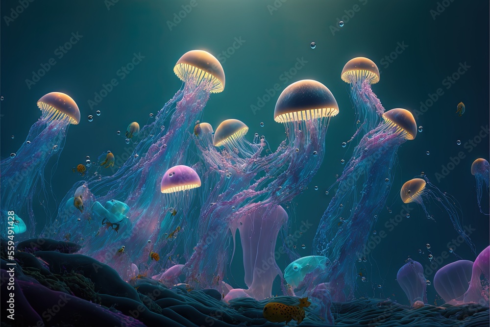 Poster a group of jellyfish floating in a blue ocean with bubbles and bubbles on the water and under the wa